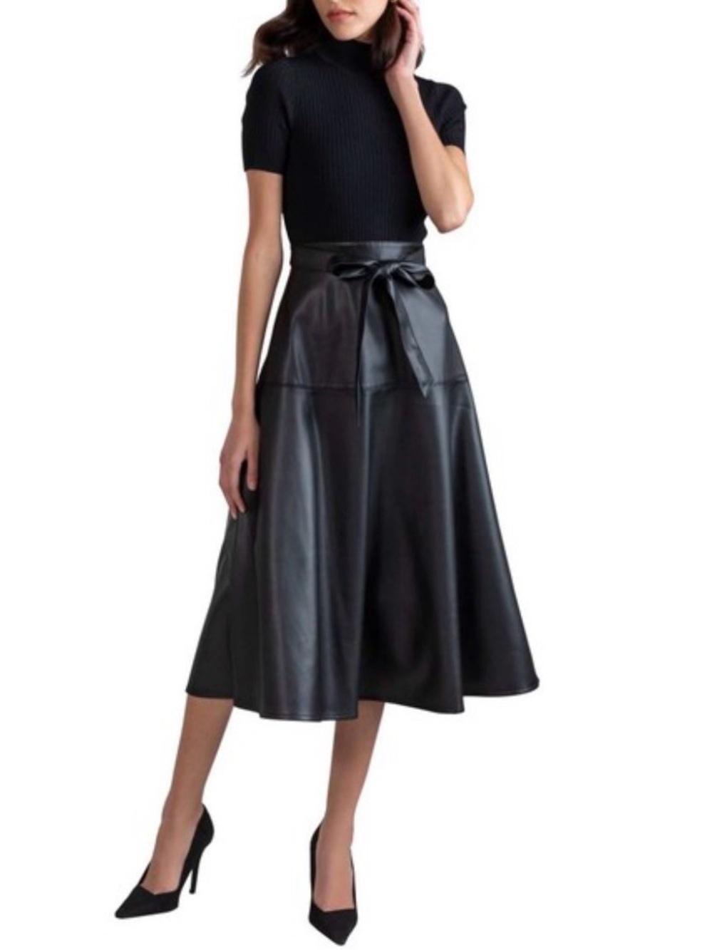 Shoshanna Black A-Line Skirt and attached ribbed top with attached leather belt